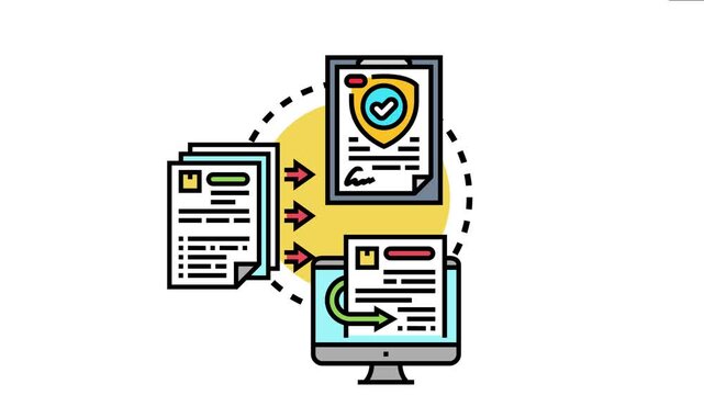 Concept depicting a user applying for a license by submitting paper forms online to receive an approved authorization document