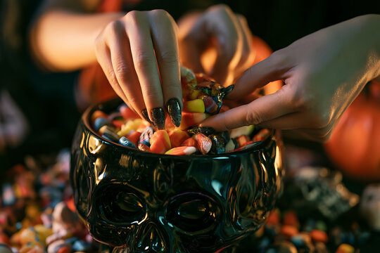 Hands reach into a black skull bowl filled with colorful Halloween candy during a cozy Halloween celebration