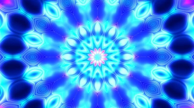 Kaleidoscopic mandala pattern morphs through glowing radial geometry in a dark blue abstract space. Wellness presentations, yoga content, and music visualizers.