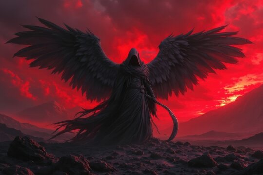 Death Raven Standing Against a Burning Red Sky in a Dark Fantasy Landscape