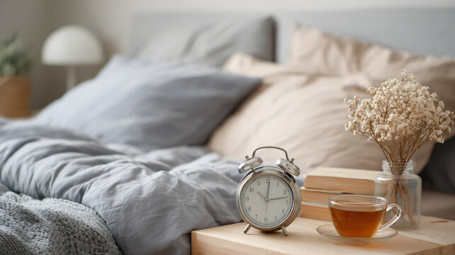 healthy sleep routine concept featuring neatly arranged bedroom, comfortable neutral bedding, bedside herbal tea, analog alarm clock and soft reading light