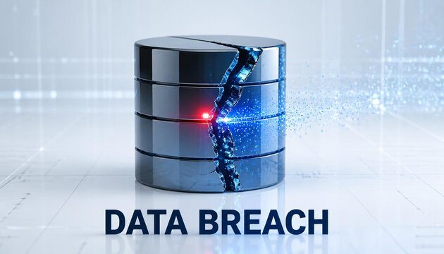 Cracked metallic database cylinder with glowing digital data leakage.