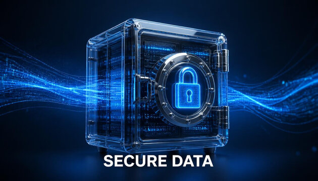 Transparent digital vault safe with glowing blue padlock icon and data streams on a dark background.