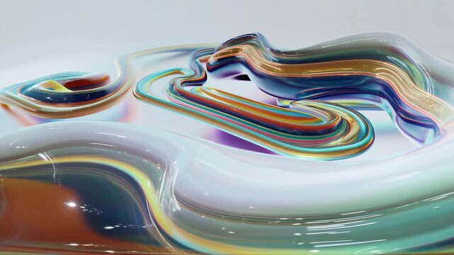 Abstract fluid waves slowly morph across a glossy multicolored surface. Motion graphics, title sequence, and music visualizer.
