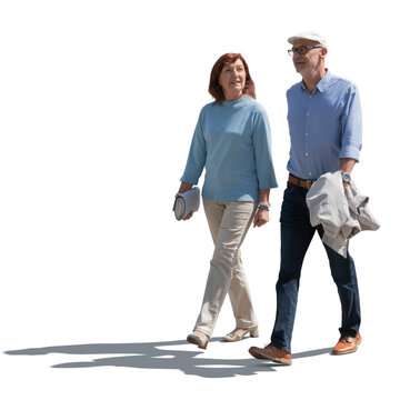 Senior couple walking happily together in backlight. PNG image isolated on transparent and white background.