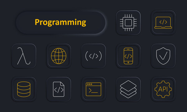 Programming set icon. Processor chip, code laptop, lambda symbol, globe network, code brackets, phone, verified shield, database, file, terminal window, layers stack, api gear.