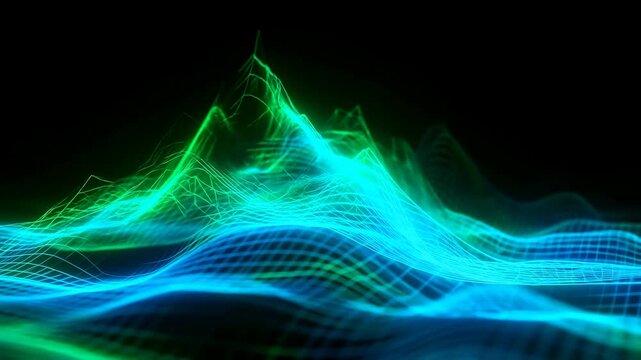 Glowing blue and green wireframe waves flow through an abstract digital space. Technology presentations, digital product intros, and science media.