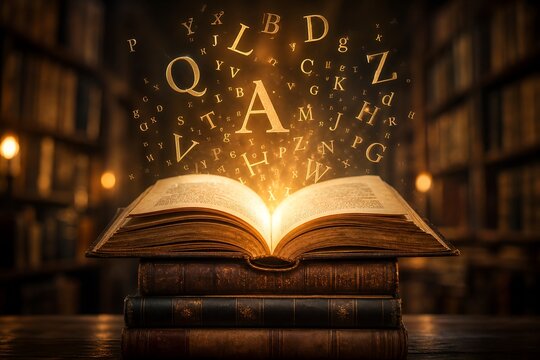 Magic Open Book with Glowing Letters Floating in Vintage Library Background