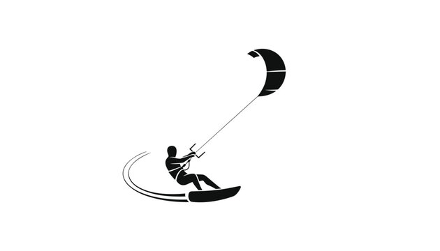 Black silhouette of an active kitesurfer riding a wave on a white background, representing extreme water sports.
