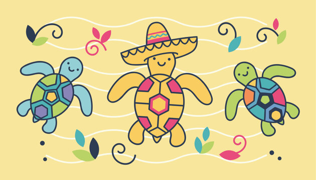 Cute cartoon sea turtles with colorful geometric shells and a traditional Mexican sombrero hat on yellow background.
