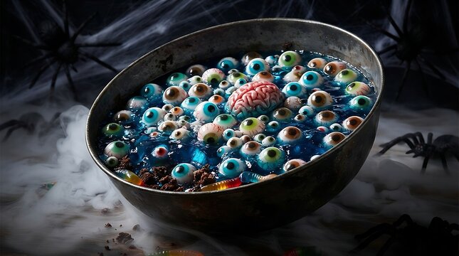 Spooky Halloween Punch Bowl Filled with Eyeballs and Brains.