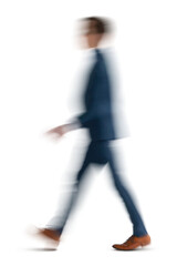 Motion blur image of a businessman walking. PNG image isolated on transparent and white background. © Martin