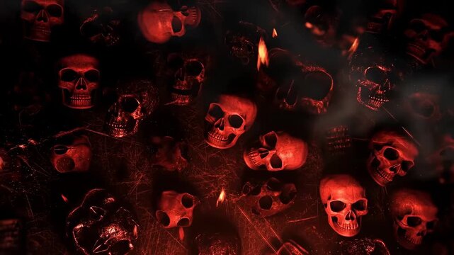 Red skulls lie across a dark textured surface as smoky shadows drift through an ominous horror background. Halloween event promotion, horror film title sequences.