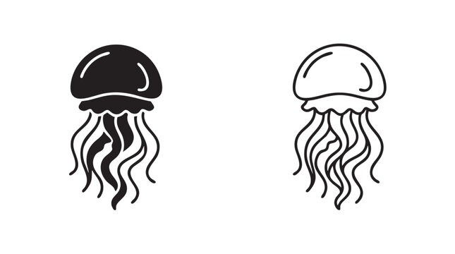 black silhouette with line art jellyfish vector pair icon black silhouette with line art vector pair icon