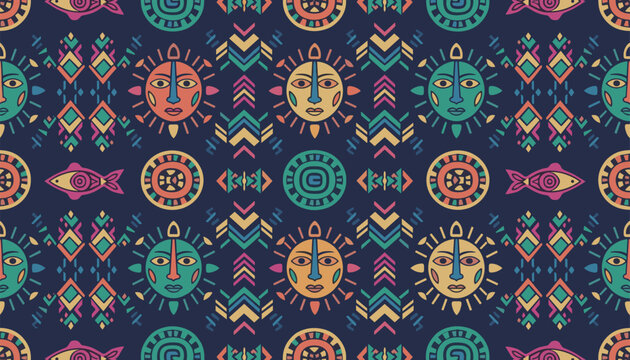 Aztec style seamless pattern with ancient sun faces, tribal geometric shapes, and fish on a dark blue background.