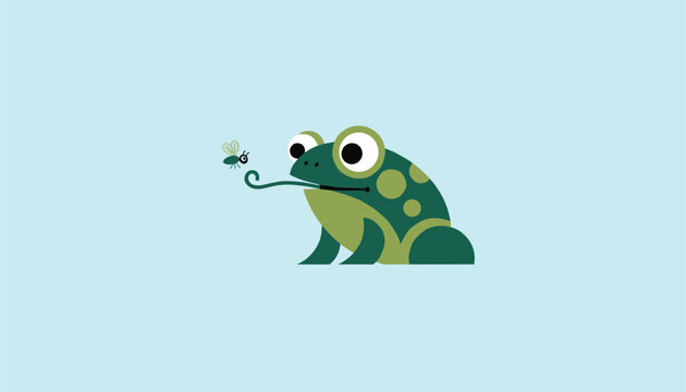 Charming green cartoon frog catching a small flying insect with its long spiral tongue on a light blue background.