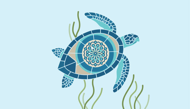 Stylized blue sea turtle swimming underwater among green seaweed, featuring a beautiful mandala pattern on its shell.