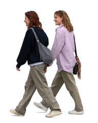 Naklejka na ściany i meble Two female students walking casually. PNG image isolated on transparent and white background.
