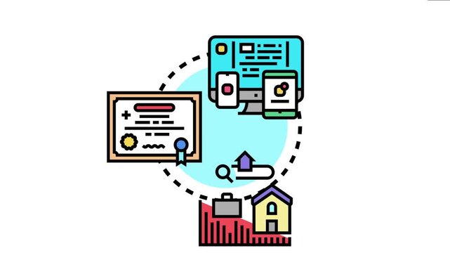 Illustration depicting different licensing categories and intellectual property concepts, including digital products, legal documents, real estate, business, financial growth, and online services