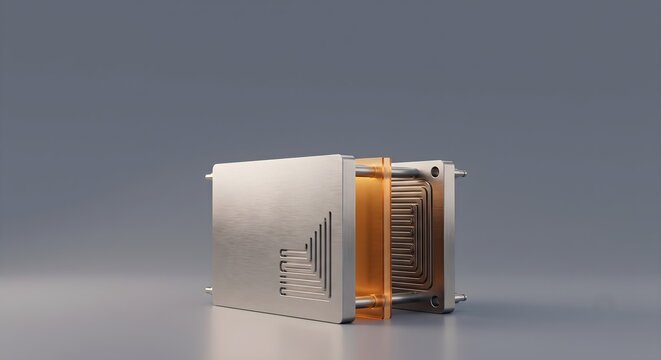 3D minimal titanium hydrogen fuel cell stack on slate gray background