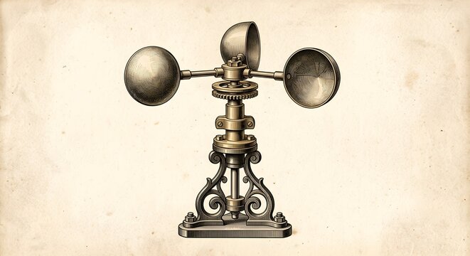 Classical engraving vintage brass cup anemometer on cream parchment paper