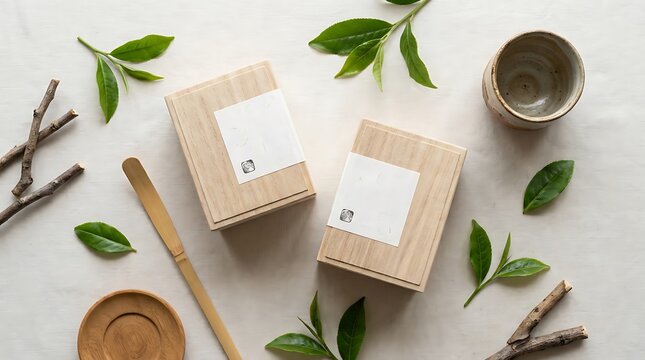Two green tea boxes with fresh tea leaves and a cup on a light surface. Japanese green tea boxes 