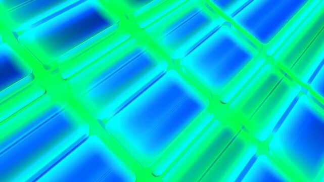 Neon geometric grid drifts through a glowing blue and green digital field. Technology presentations, digital media, and website hero sections.