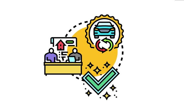 Concept representation licensing terms banner with a car and house for property leasing agreements, involving people negotiating and receiving check mark approval