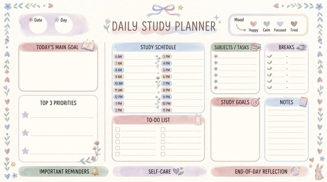 Cute Coquette Pastel Daily Study Planner Landscape Vector Template with Bunny, Ribbon Bow, Heart Border, Hourly Study Schedule, Mood Tracker, Top 3 Priorities, and Self-Care Section for Aesthetic Stud