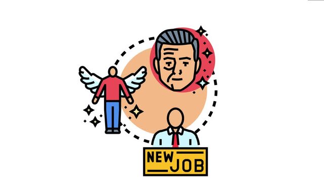 Life changes concept portraying a person experiencing aging, a significant career shift with a new job, and a spiritual awakening or personal growth
