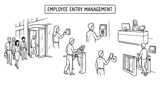 Employee entry management and security access control systems with biometric scanners and turnstiles vector illustration
