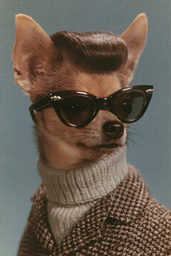 animal art, dog chihuahua vintage school portrait, brown jacket and gray turtleneck, tall dark pompadour, photorealistic