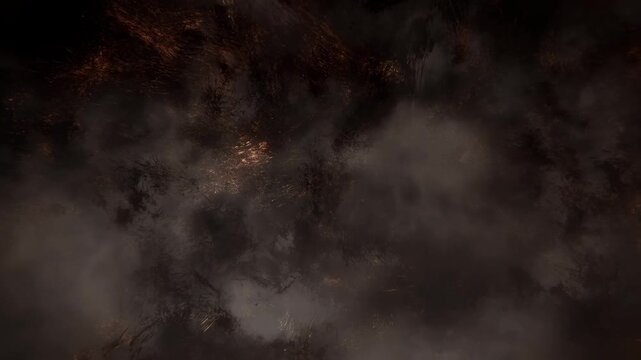 Dark smoke swirls around glowing embers and ash particles in a fiery atmospheric field. Cinematic title, horror and thriller sequences, and fire or disaster themed presentations.