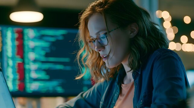 Young female software engineer wearing stylish glasses focusing intensely while coding on her computer screen inside a dark modern office