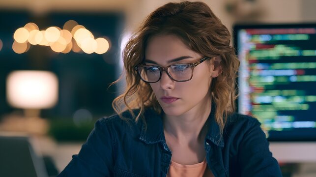 Focused young female programmer working late on complex software code using glowing computer monitors in a dark modern office environment