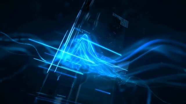 Blue digital data streams flow around a futuristic electronic device in abstract cyberspace. Technology presentations, software advertising, and cloud computing campaigns.