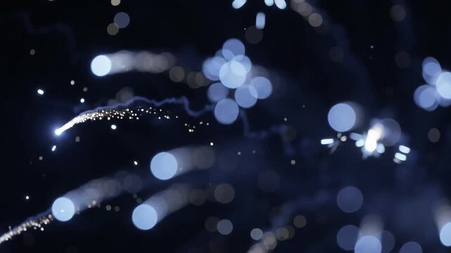 Cinematic blue fireworks bokeh, glowing light trails in dark night sky, festive celebratory pyrotechnics background