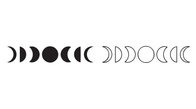 black silhouette with line art vector icon: moon phase black silhouette with line art vector pair icon