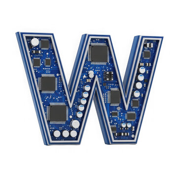 Letter W Made Of A Blue Electronic Circuit Board isolated on transparent background