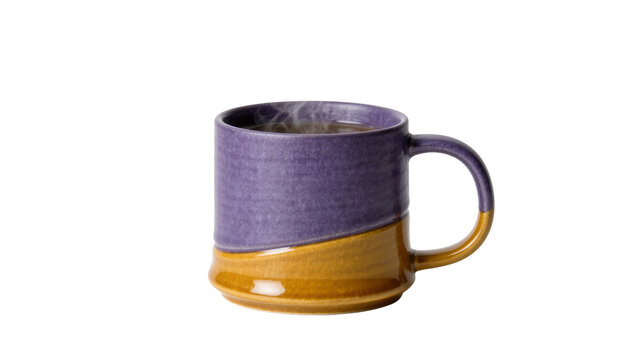 Two-toned purple and gold ceramic mug with steaming hot beverage, isolated on transparent background