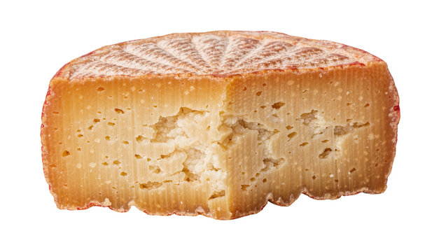 Round wedge of aged cheese with textured rind, isolated on transparent background