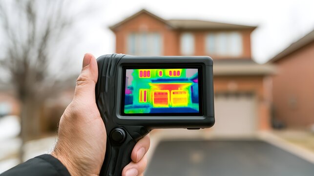 Thermal imaging camera held by person analyzing energy efficiency of residential brick home exterior during cold cloudy winter season day
