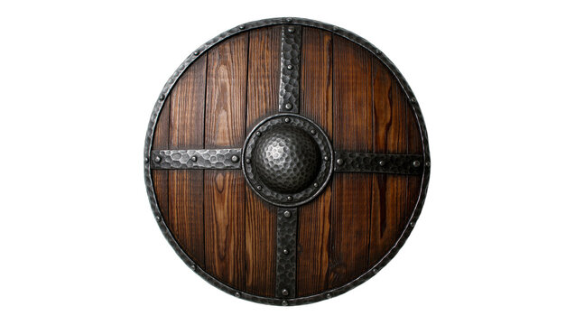 Round wooden Viking shield with hammered metal boss and rim, isolated on transparent background