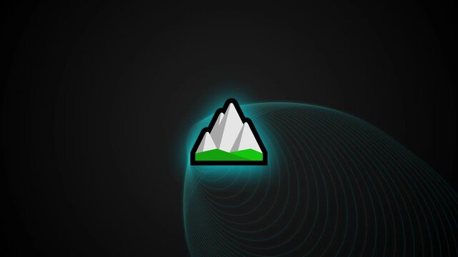 Snowy mountain icon with glowing cyan digital wireframe waves on a dark background.