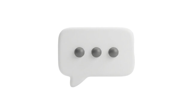 Three dimensional white speech bubble icon with grey ellipsis dots as PNG asset