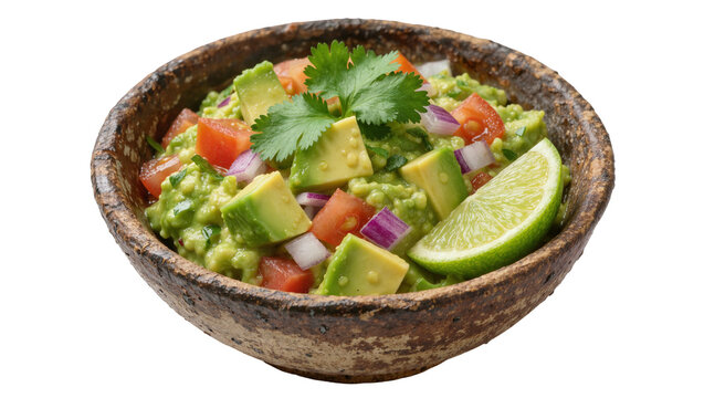 Rustic bowl of fresh guacamole with avocado tomato onion lime and cilantro, isolated on transparent background