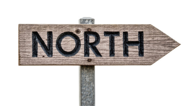 Wooden directional signpost with the word NORTH carved and painted black, isolated on transparent background