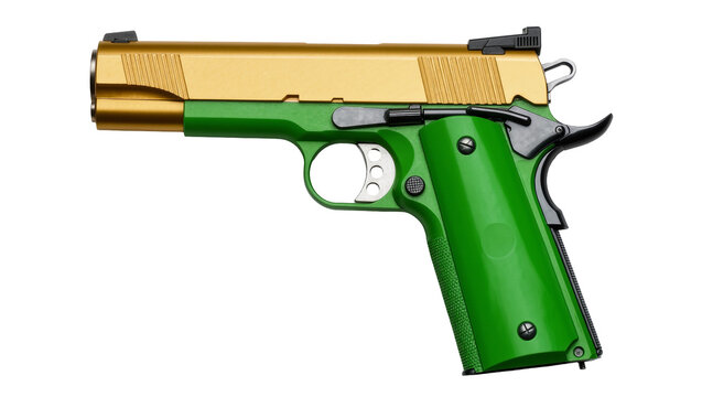 Gold and green handgun with textured grip, isolated on transparent background