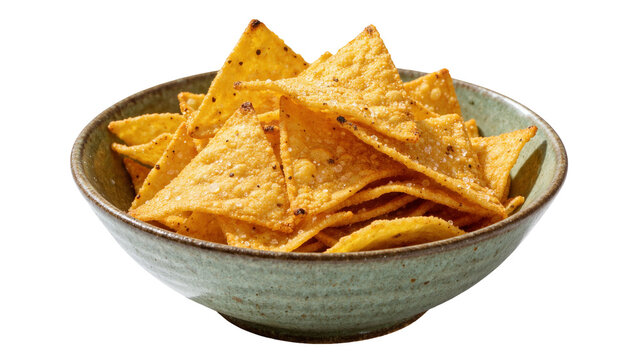 Crispy golden tortilla chips seasoned with salt and spices piled high in a rustic ceramic bowl, isolated on transparent background