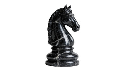 Polished black marble chess knight piece with white veins, isolated on transparent background © Petra